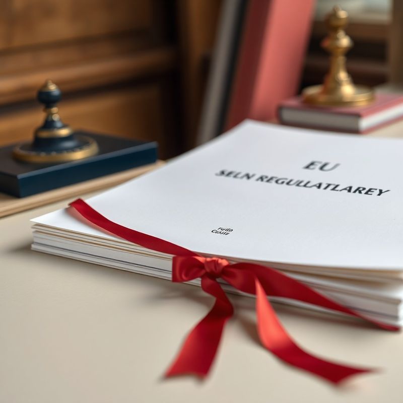 Macro photograph of an EU regulatory document on a cream desk with a midnight-coral silk bookmark ribbon
