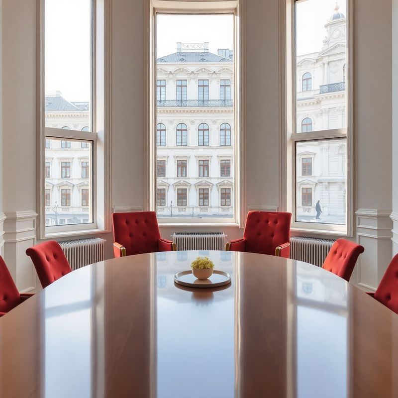 Bright Košice boardroom with midnight-coral upholstered chairs around a polished table