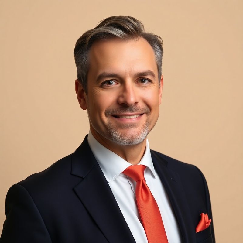 Portrait of a mid-40s man in a dark navy suit with a coral pocket square