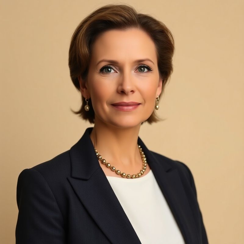 Portrait of a mid-40s woman in a structured charcoal blazer