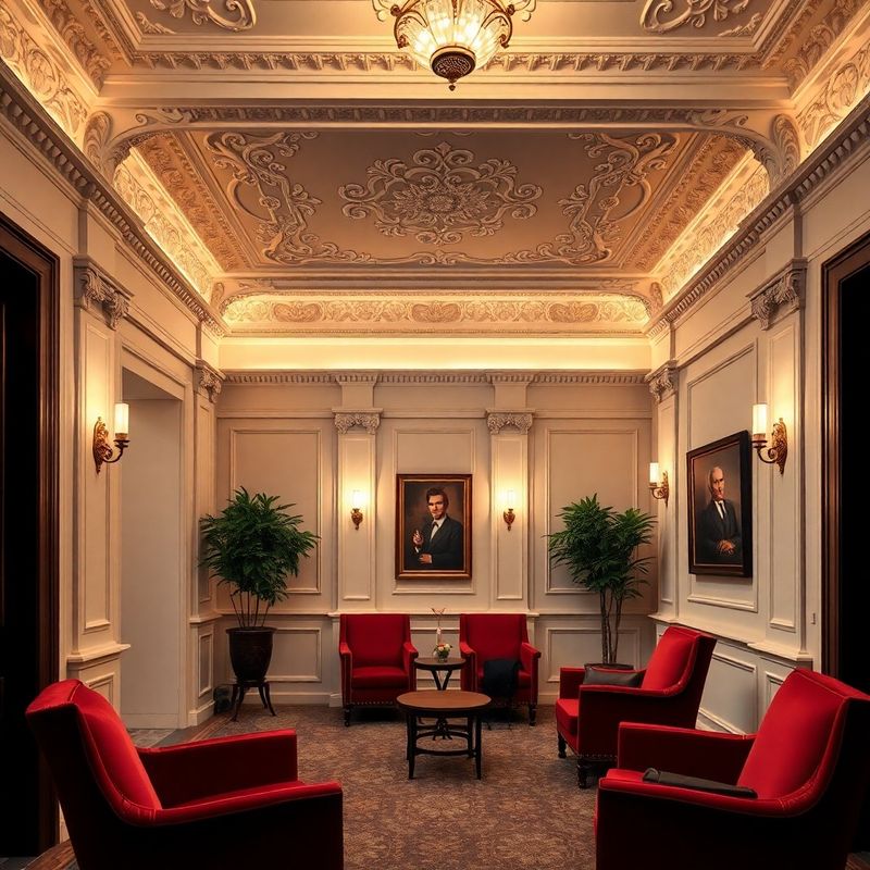 Quiet first-floor reception with midnight-coral chairs and ornate Central European ceiling moldings