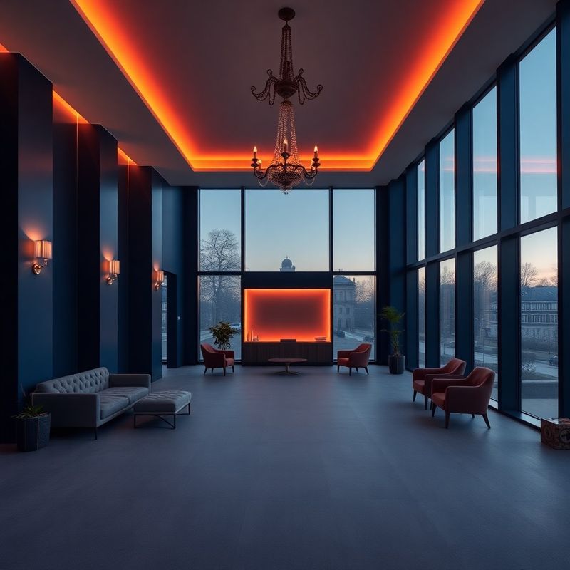 Sleek Košice financial office interior at dusk with midnight-blue walls and warm coral accent lighting