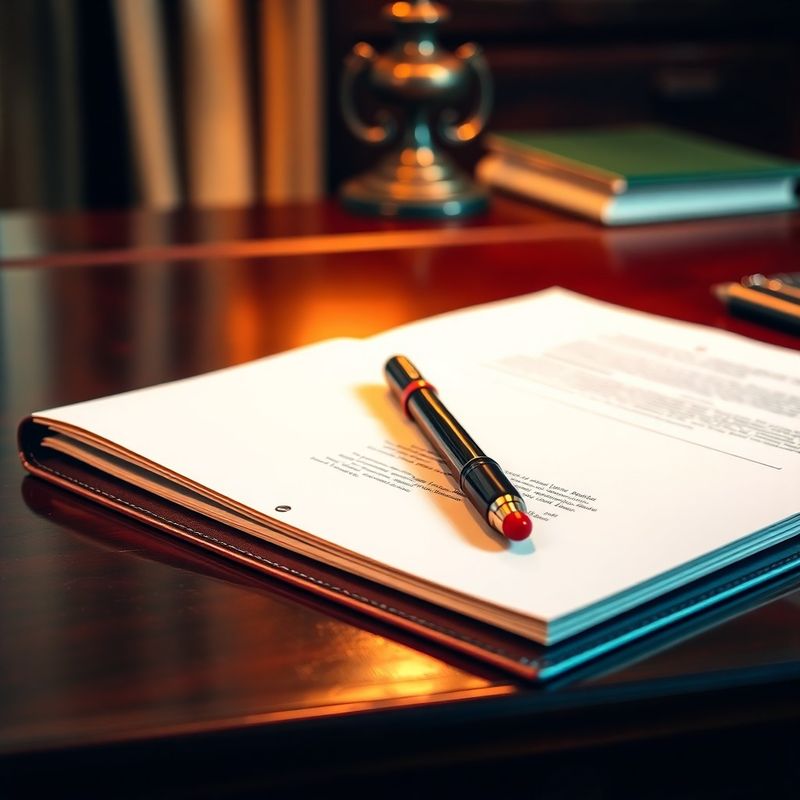 Polished dark wood desk with an open leather-bound document and a midnight-coral accent pen